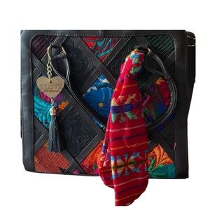 Floral Cotton Accent Brown Leather Tote-80